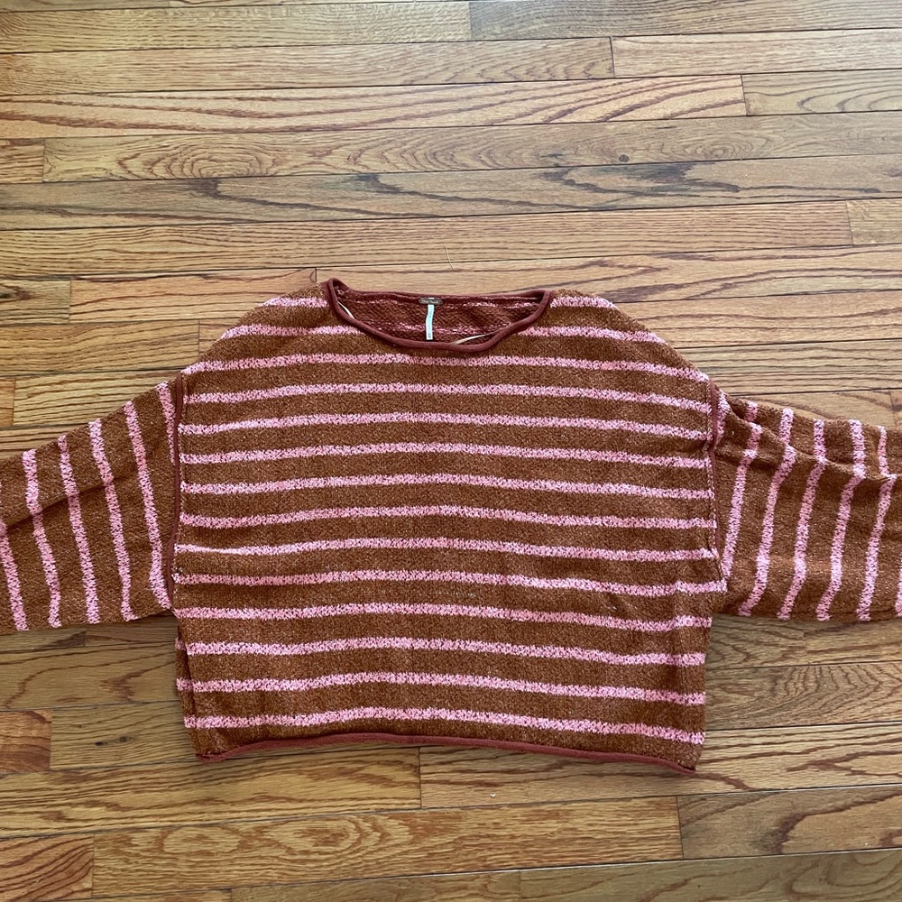 Free People Bardot Cedar and Pink Stripe Slouchy Crop Sweater-Size XS